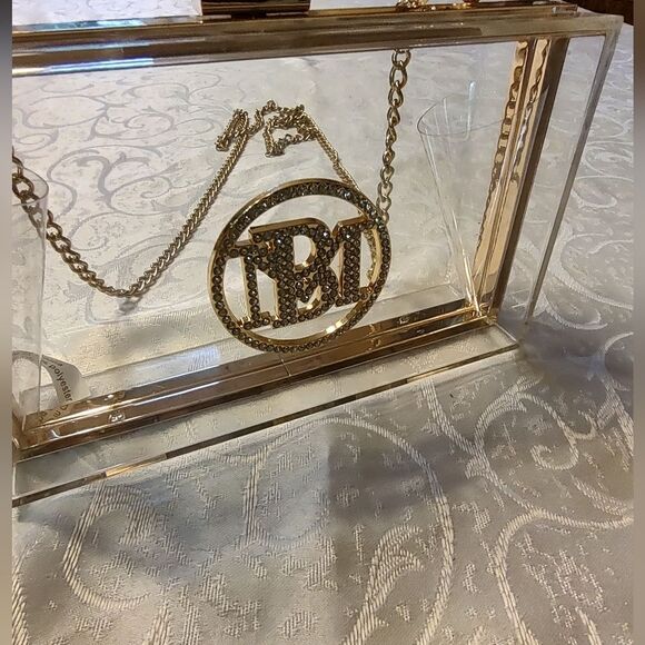 Badgley Mischka Clear Acrylic Clutch with Gold Chain and Rhinestone Monogram - Picture 3 of 8